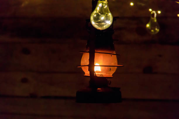 istock Vintage gas lamp with burning light in the night 1497252610