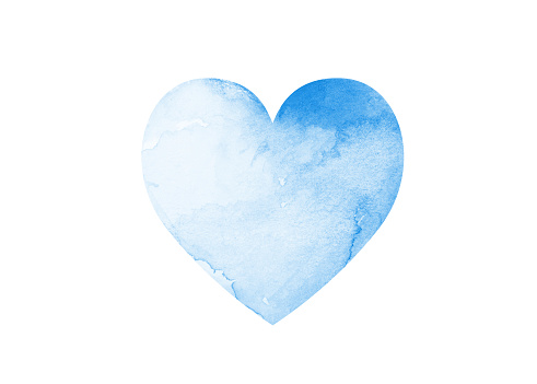 Blue watercolor heart on white background. Horizontal composition.
