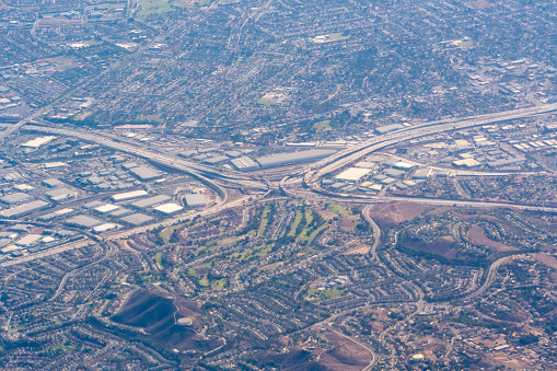 Aerial view of the SR-91 Riverside Freeway and I-15 interchange in Corona california, outside of Los Angeles