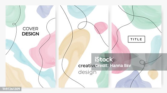 istock Set of abstract backgrounds in pastel colors. Hand drawn doodle various shapes with text. Modern trendy vector illustrations. 1497261309