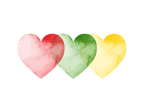 Red green and yellow heart overlays on white background. Horizontal composition. Juneteenth Concept.