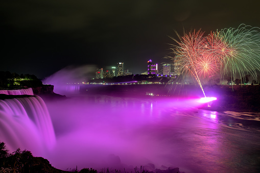 Niagara Falls lit at night by colorful fireworks, Niagara Falls, NY, USA