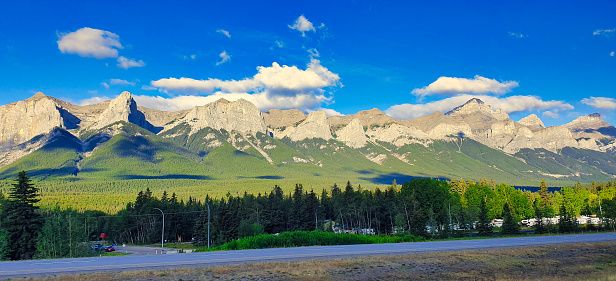 The Rundle Mountain range as seen from the Canmore Banff Highway in the Canada rockies
