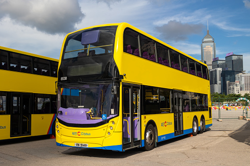 City sightseeing buses parked by the roadside, front view