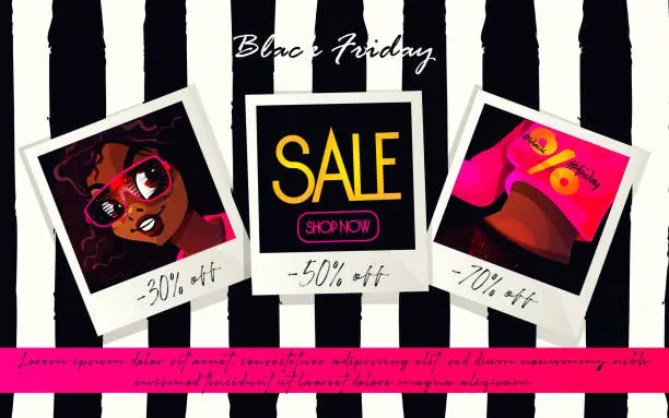 Vector illustration of Seasonal sales concept in cartoon style. Black Friday. Shots of a young beautiful African American woman against an abstract black and white striped background. Bright creative festive web template.