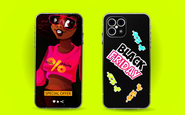 istock Seasonal sales concept in cartoon style. Black Friday. Mobile phone screen with young beautiful african american woman and back of phone with black friday stickers on bright color background. Creative holiday web template. 1497267290