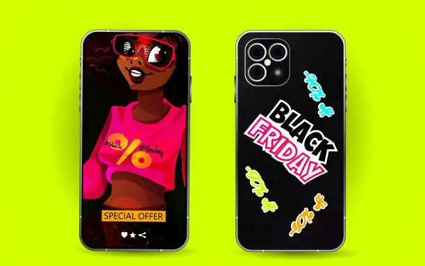 Vector illustration of Seasonal sales concept in cartoon style. Black Friday. Mobile phone screen with young beautiful african american woman and back of phone with black friday stickers on bright color background. Creative holiday web template.