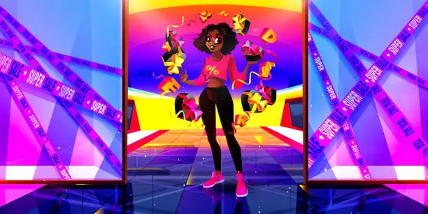 Vector illustration of Seasonal sales concept in cartoon style. Black Friday. A young beautiful African American woman juggles gifts in a shopping mall against the backdrop of a showcase with a sale. Bright creative holiday poster or banner.