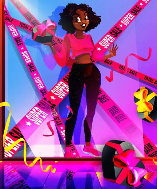 Vector illustration of Seasonal sales concept in cartoon style. Black Friday. Young beautiful African American woman with a gifts in the mall against the backdrop of a showcase with confetti. Bright creative holiday poster or banner.