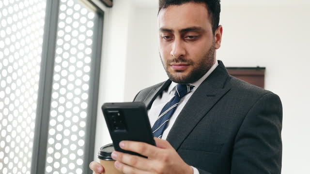 Portrait of business person at office use social media for communication