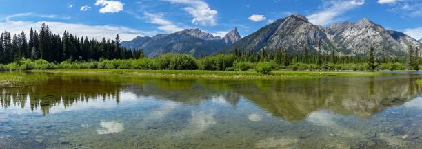 istock Bow River Panoramic Landscape, Distant Canadian Rocky Mountain Peaks Reflections, Blue Skyline 1497270752