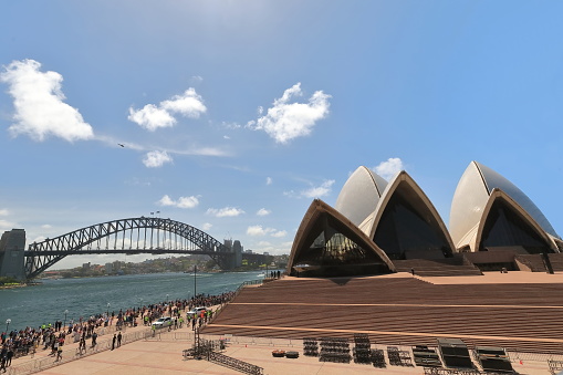 Sydney, Australia-October 16, 2018: The Opera House is a multi-venue performing arts centre on the harbor foreshore. Here we see it devoid of people due to the visit of the Duke and Duchess of Sussex.