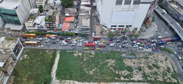 istock Traffic jam in Bangkok from above showing cars in a row standing still 1497276679