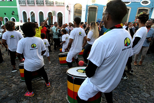 salvador, bahia, brazil - may 29, 2023: members of the band Olodum perform in Pelourinho, the historic center of Salvador.