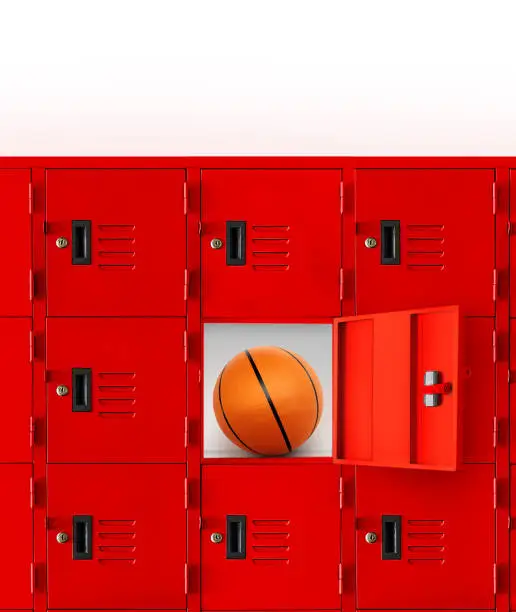 Basketball in a red locker or an open gym locker.