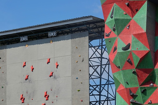 Yogyakarta, Indonesia, May 12, 2020. Wall climbing track with different difficulty level points in the Mandala Krida sports area.