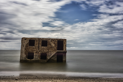 Northern forts in water of Baltic sea in Liepaja, Latvia. Sightseeing Object. Long Excposure photo shoot with ND Filter.