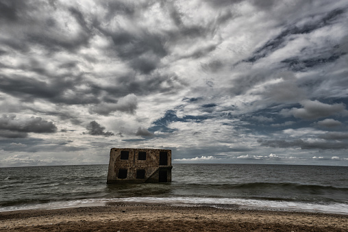 Northern forts in water of Baltic sea in Liepaja, Latvia. Sightseeing Object. Long Excposure photo shoot with ND Filter.