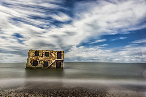 Northern forts in water of Baltic sea in Liepaja, Latvia. Sightseeing Object. Long Excposure photo shoot with ND Filter.