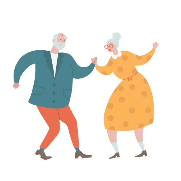 Vector illustration of Old couple dancing funny dancing. Dance class for elderly. Isolated hand drawn flat vector illustration.