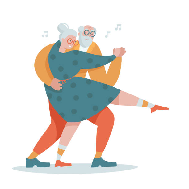 Old senior couple people dancing tango together. Flat Cartoon elder man and woman dancing retro dance. Leisure of grandma and grandpa on pension concept. Vector hand drawn illustration. Old senior couple people dancing tango together. Flat Cartoon elder man and woman dancing retro dance. Leisure of grandma and grandpa on pension concept. Vector hand drawn illustration old people dancing stock illustrations
