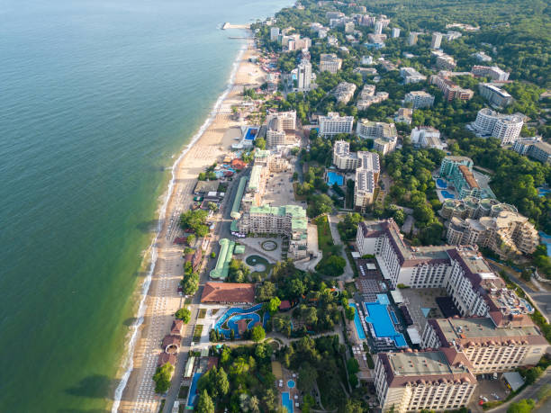 Aerial view of the beach and hotels in Golden Sands, Zlatni Piasaci. Varna, Bulgaria stock photo