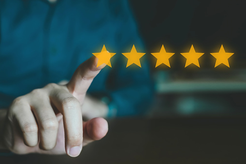 Customer review good rating concept, customer review by five star feedback, positive customer feedback testimonial.