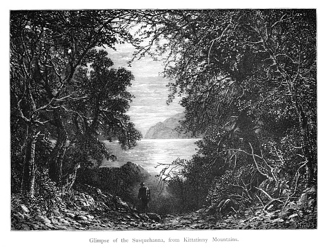 Kittatinny Mountains, Blue Mountains, Susquehanna River in Pennsylvania, USA. Pencil and Pen drawing engraving published 1872. This edition edited by William Cullen Bryant is in my private collection. Copyright is in public domain.