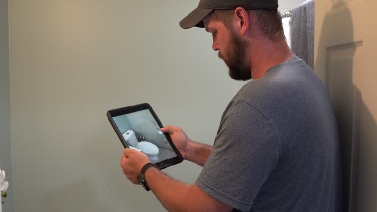 Close up Shot of a White Man in his Thirties Taking Photos of a Bathroom for Potential Water Damage