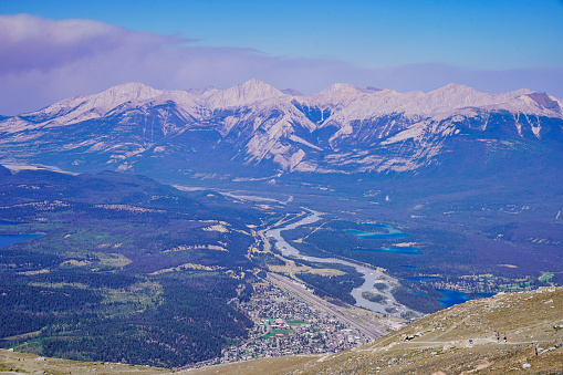 A spectacular panoramic view of the mountains around Jasper town from the top of Whistler Mountain, Jasper Sky Tram in the Canada rockies
