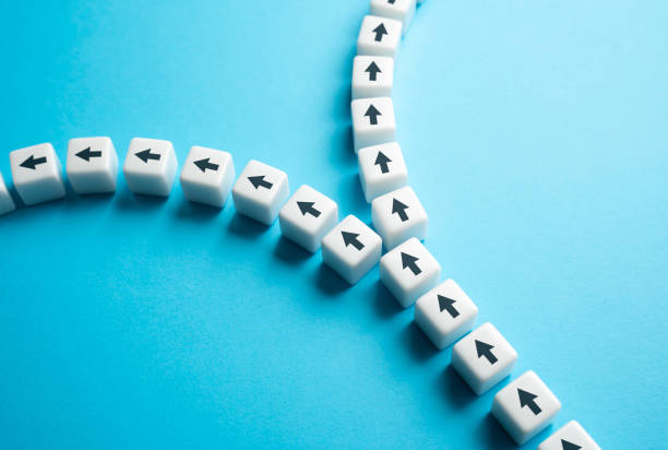 Fork in two directions. Critical decision point or a crossroads , where choosing between two distinct paths, each leading to different outcomes and destinations. Visual metaphor. separation stock pictures, royalty-free photos & images