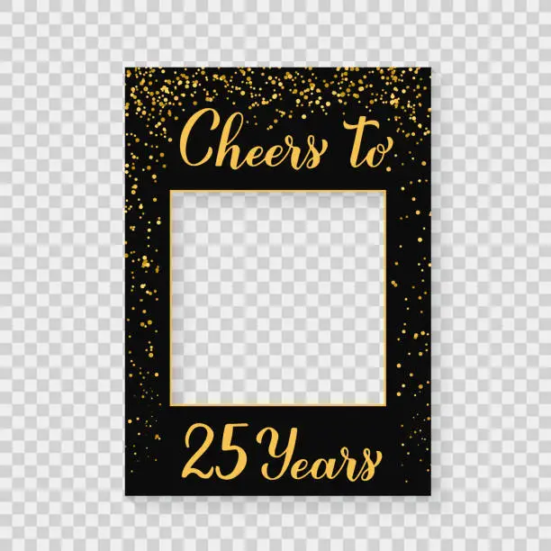 Vector illustration of Cheers to 25 Years photo booth frame on a transparent background. 25th Birthday or anniversary photobooth props. Black and gold confetti party decorations. Vector template