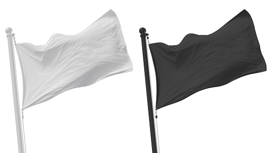White and black flags waving on the wind. 3D rendered mockup