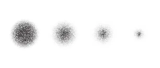 Vector illustration of Set of vanishing stippled circle texture. Black disappearing dotted gritty round element collection. Fading noise grain dot work shapes. Half tones and shadows affect illustration bundle. Vector pack