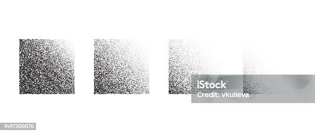 istock Textured fading gradients set. Black dotted square element collection. Stippled shades object pack. Noise grain dotwork shapes. Halftone effect illustrations bundle. Vector illustration 1497300076