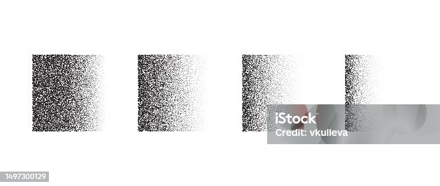 istock Fading gradient texture set. Black dotted square element collection. Stippled shade object pack. Noise grain dotwork shapes. Halftone effect illustrations bundle. Vector illustration 1497300129