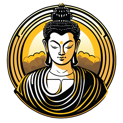 Buddha figure, Buddhism, Hinduism, India. God. Buddha painting. gold background. meditate, look calm