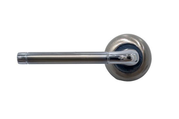 istock Metal handle on a white door, close-up, isolated on a white background 1497306244