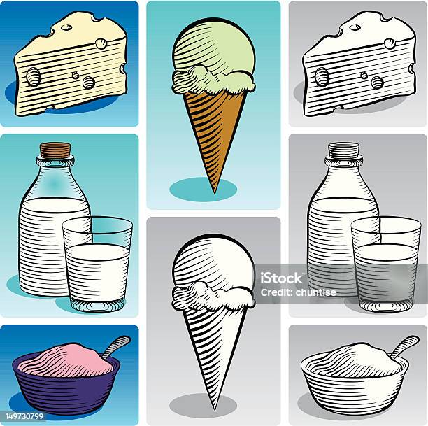 Вытравленные Стиль Молочные Продукты — стоковая векторная графика и другие изображения на тему Иллюстрация - Иллюстрация, Миска, Без людей