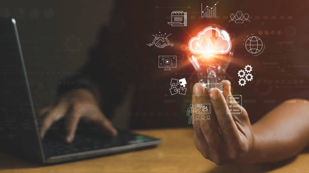 istock Businessman holding light bulb with global internet connection concept. Business global internet connection application technology and digital marketing, Financial and banking, Digital link tech, big data 1497308549