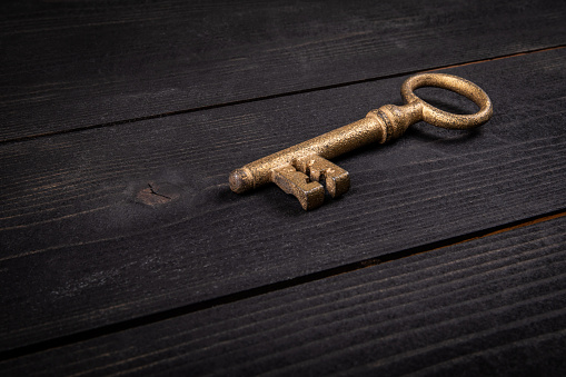 Concept of success. Gilded antique key on dark wood texture background. Close up.
