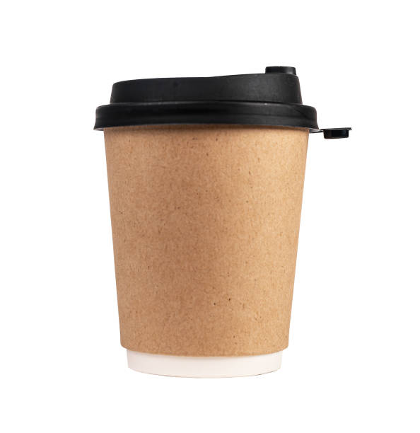 istock Takeaway paper cup, kraft takeout coffee mug closed with black lid isolated on white background 1497318444