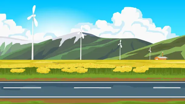 Vector illustration of Horizontal view of asphalt road cuts through a vast field of yellow flowers. wind turbine lined up on the windy area with house.