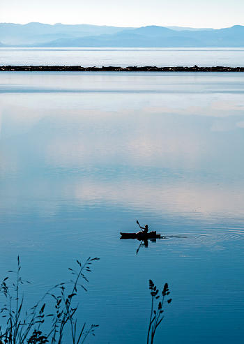 The vertical frame is taken from a high angle. Calm blue ocean water fills most of the frame with a thin horizon and a trace of bright sky. Down in the water in the distance, there is a dark silhouette of an unrecognizable kayaker going by, right to left, the oar raised in motion. Reflections of white clouds in the water. A scene of peace and tranquility on a summer day. Room for copy space