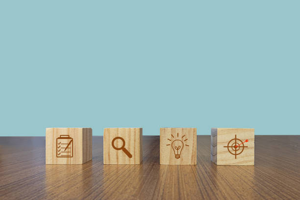 istock Wood cube block stacking with icon.on wooden table, business strategy and action plan Concept. 1497329498