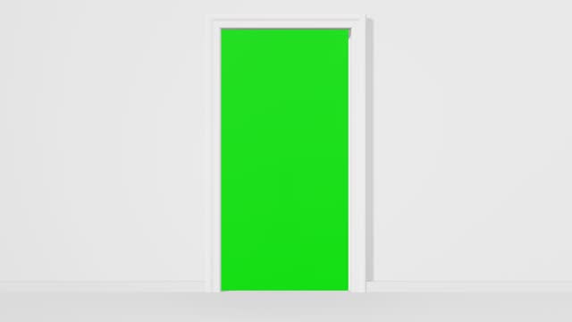 Opening the door to the outside, Green screen behind the door, White door open with green screen portal, 4K door opening green screen animation, 3D Rendered