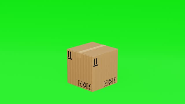 Animation of 3D cardboard box falling on green screen or chroma key. Cargo logistic fall on solid ground. Global shipping and online shopping concept. E- commerce concept. 3D animation