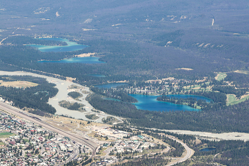 Beauvert Lake seen in this panoramic view from the top of Whistler mountain in the Canada rockies