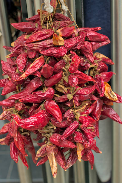 сухофрукты красного жгучего перца висят на веревочках для продажи. - pepper spice dried plant image стоковые фото и изображения