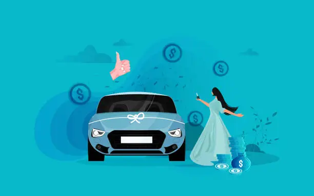 Vector illustration of Young woman with a new car